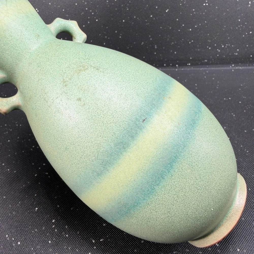Vintage Matte Green Art Pottery Double Handle Amphora Vase 9 Inch Sage Seafoam